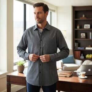 Alfred Sung Chemise Habillée Homme Médium Noire Rayures Blanches Non-Iron